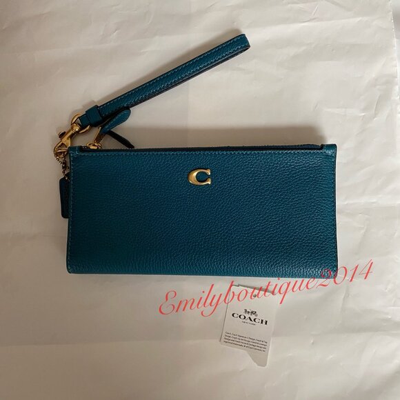NWT Coach Retail CC553 Double Zip Pebble Leather Deep Turquoide Wallet Wristlet - Picture 3 of 6